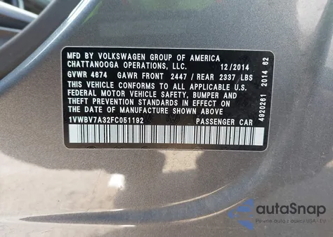 2015 Volkswagen Passat 2.0L Tdi Se из США, поврежденный, VIN 1VWBV7A32FC051192